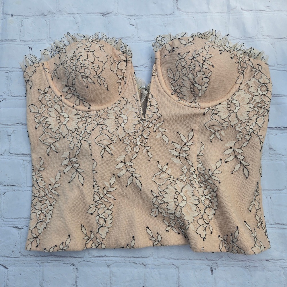 NBD Floral Lace Corset Top beige Black Bustier corset Zip Back fairy coquette sm